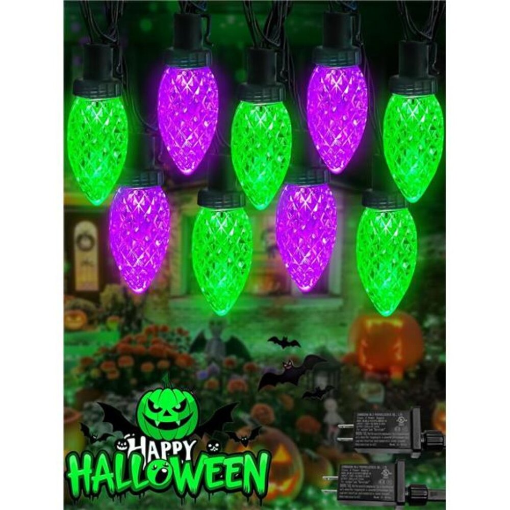 2 Pack 100LED Purple and Green C9 Halloween Lights Indoor Outdoor, 66 FT String